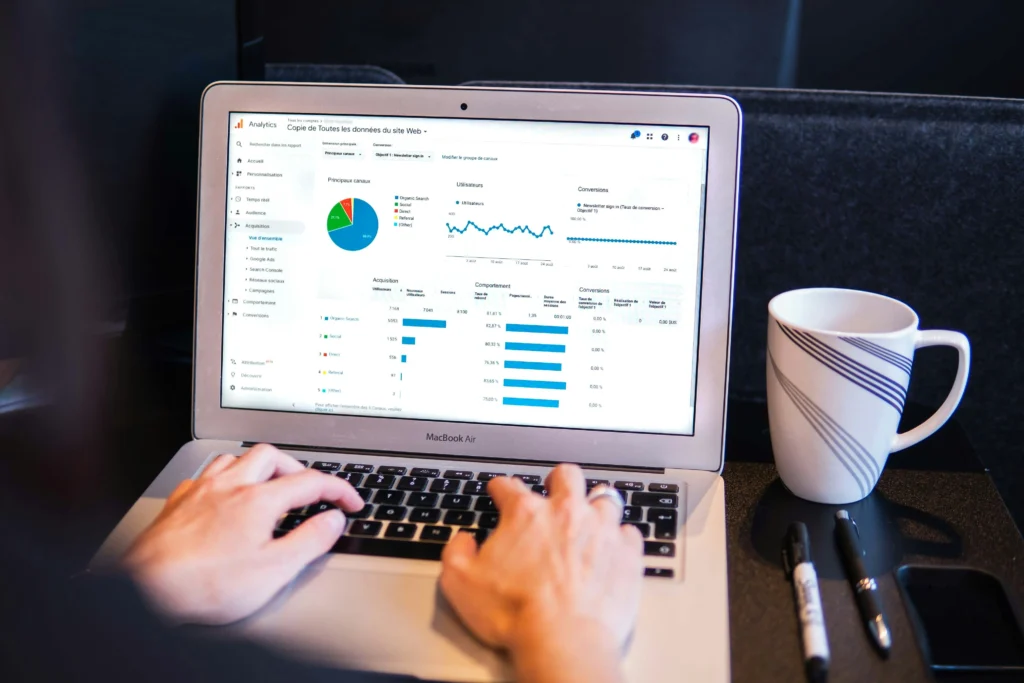 SEO content analytics on laptop screen.
