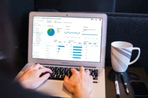 SEO content analytics on laptop screen.