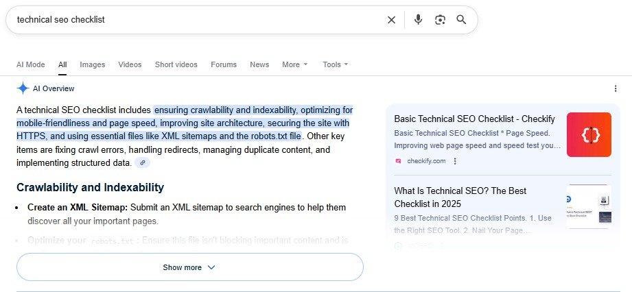 screenshot of the ai overview answer for the search query: technical seo checklist