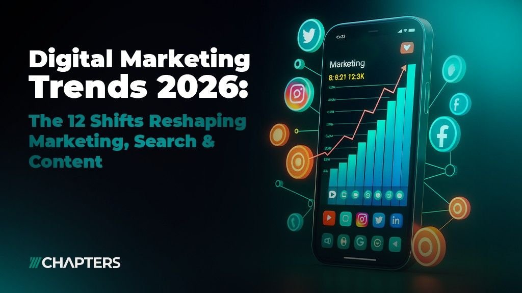 Digital marketing trends in 2026 written text next to a mobile phone with a trending up graph and social media icons popping out of it.