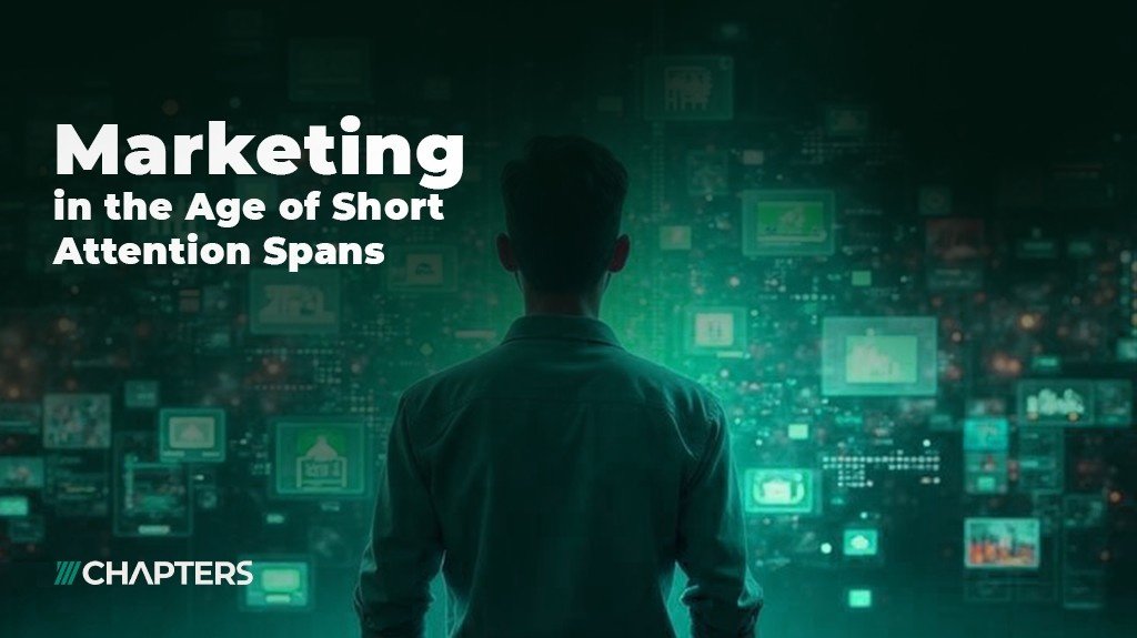 marketing in the age of short attention spans text next to a person watching several digital screens at the same time