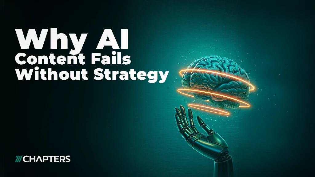 cover image for a blog about ai content seo titled " why ai content fails without strategy" featuring an image of a brain and a hand